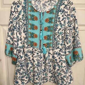Boutine LA White Floral Tunic with Teal & Orange Accents